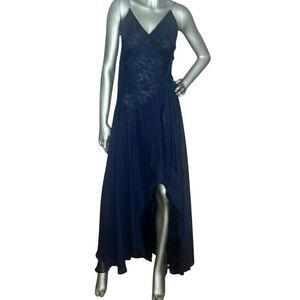 Meghan Silk Lace-Trim Dark Blue  Gown Dress 4 (024)